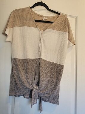 Cato Beige White Brown Colorblock Tie-Front Short Sleeve Top S Euc